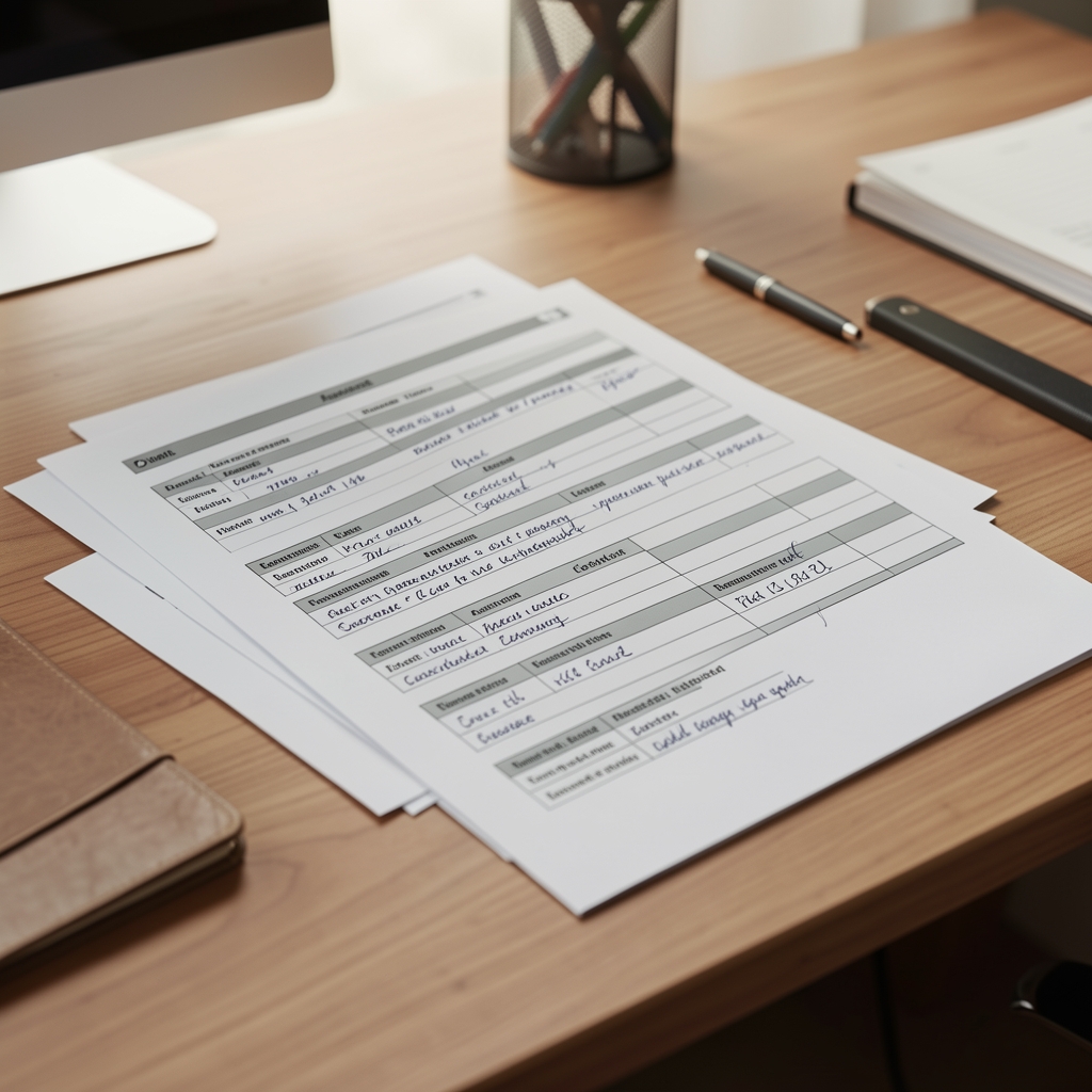 Mehrere übereinanderliegende Aktivitätsprotokolle auf einem Schreibtisch, strukturierte Dokumentation mit handschriftlichen Notizen