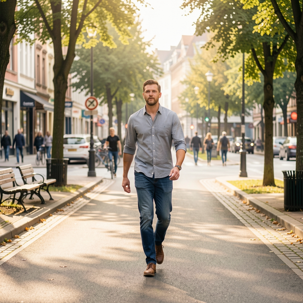 Person in natürlicher Umgebung beim zügigen Spazierengehen auf einem Stadtweg, Bewegung im Alltag