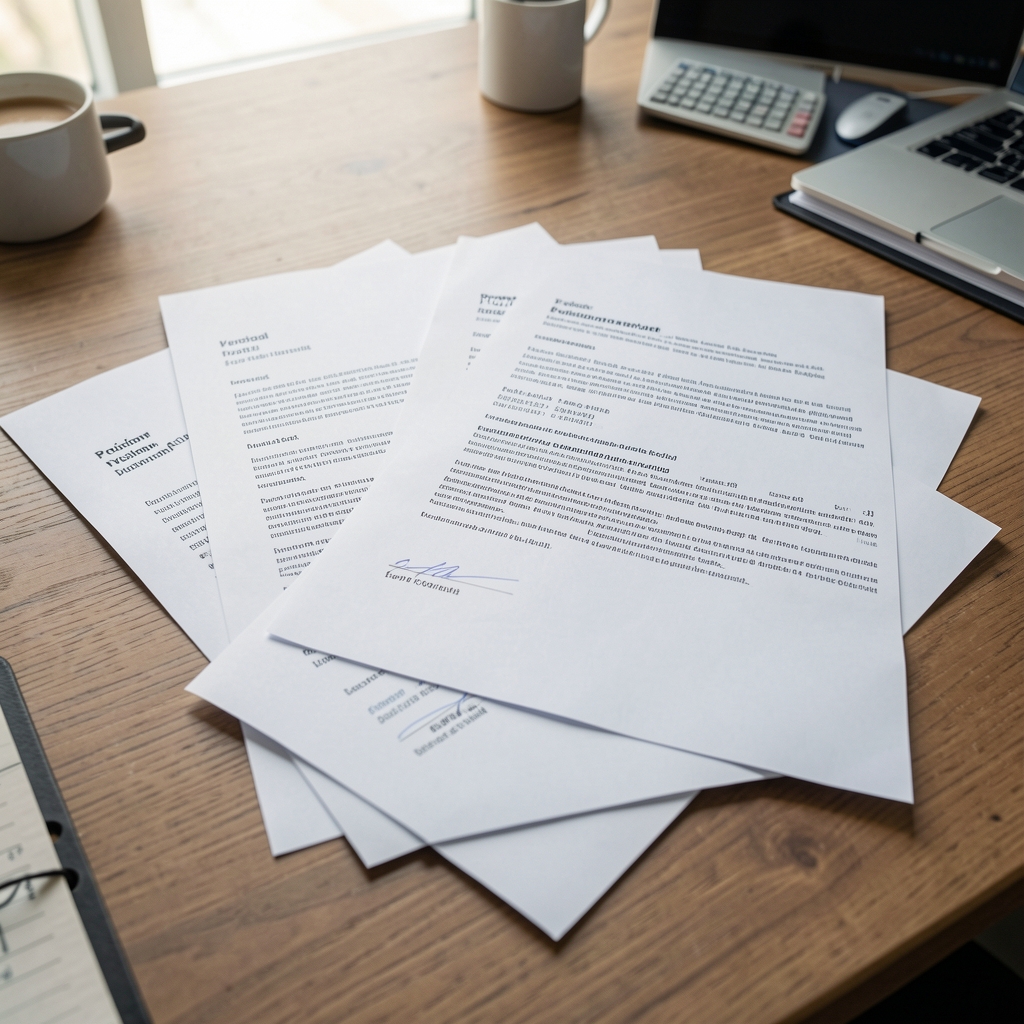 Übereinanderliegende Protokollbögen verschiedener Revisionsstände auf einem Schreibtisch, archivierte Verlaufsdokumentation