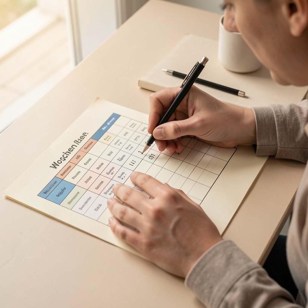 Person füllt einen strukturierten Wochenplan mit Bewegungseinheiten aus, Schreibtischarbeit mit Bleistift auf cremefarbenem Papier
