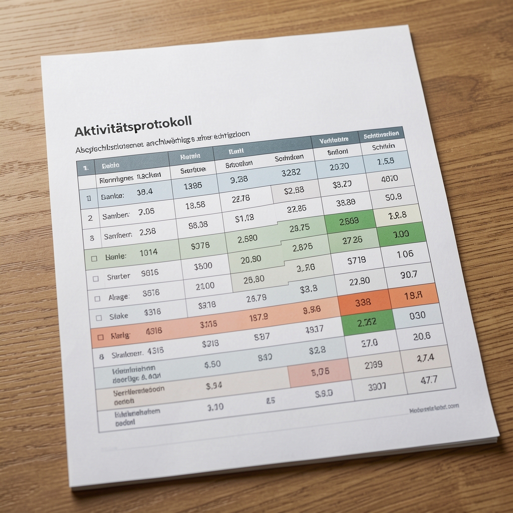 Abgeschlossenes achtwöchiges Aktivitätsprotokoll mit eingetragenen Schrittzahlen und Verlaufsmarkierungen, geordnete Dokumentation