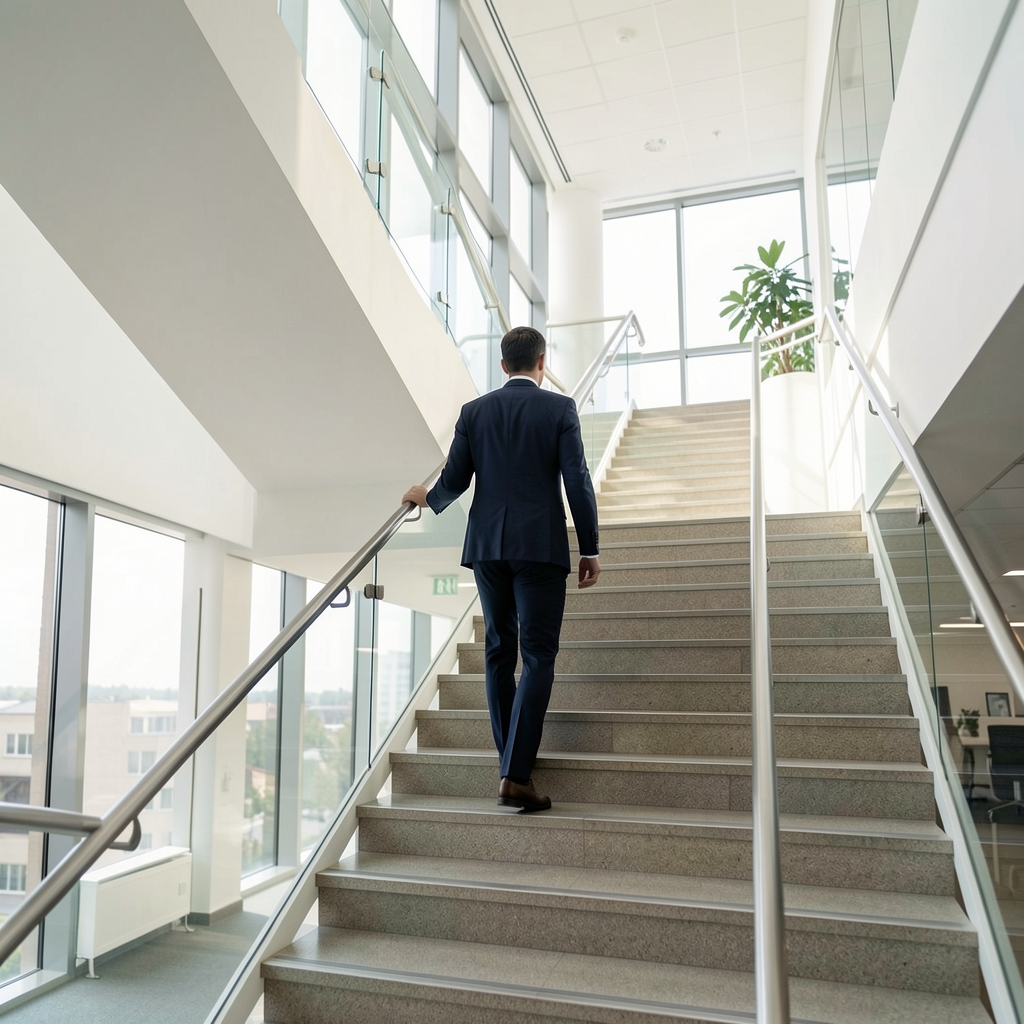 Person steigt zügig eine Treppe hinauf in einem hellen Bürogebäude, aktive Pause im Arbeitsalltag