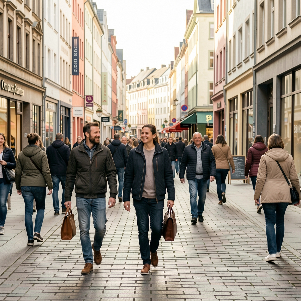 Zwei Personen spazieren auf einem belebten Gehweg in einer deutschen Großstadt, entspannte Bewegung im Alltag
