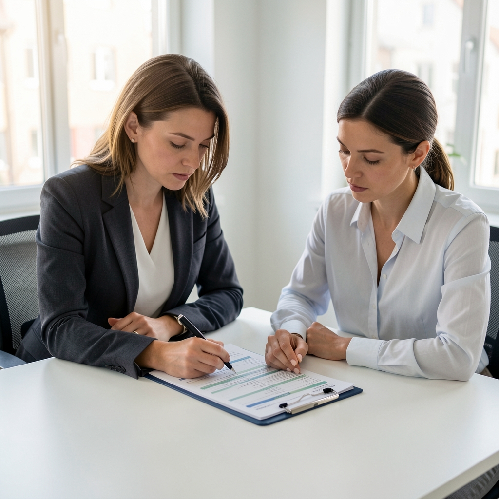 Beraterin und Klientin sitzen an einem hellen Tisch und analysieren gemeinsam ein Aktivitätsprotokoll, konzentrierte Arbeitsatmosphäre