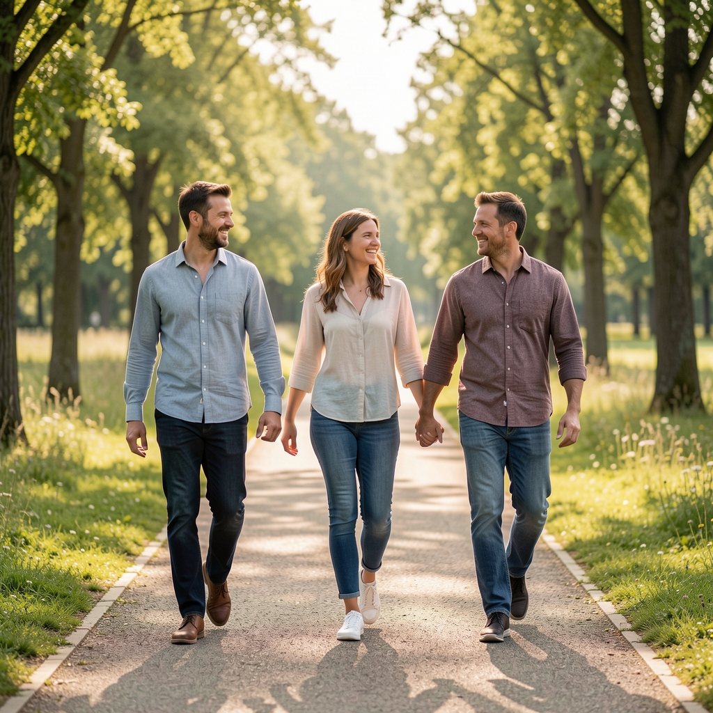 Kleine Gruppe von drei Personen beim gemeinsamen Spaziergang in einem Berliner Park, entspannte Bewegungseinheit im Freien