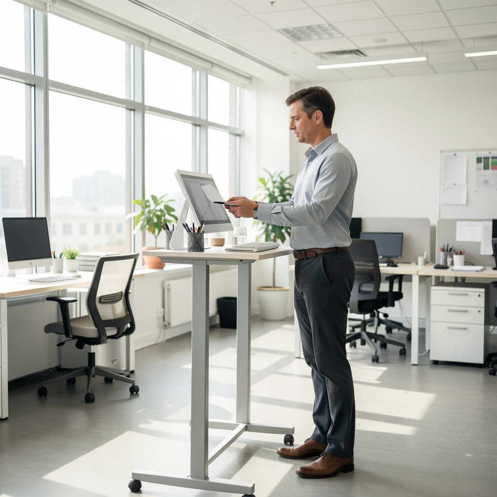 Person steht an einem Stehpult im hellen Büro, aktive Arbeitshaltung als Teil der Alltagsbewegungsroutine