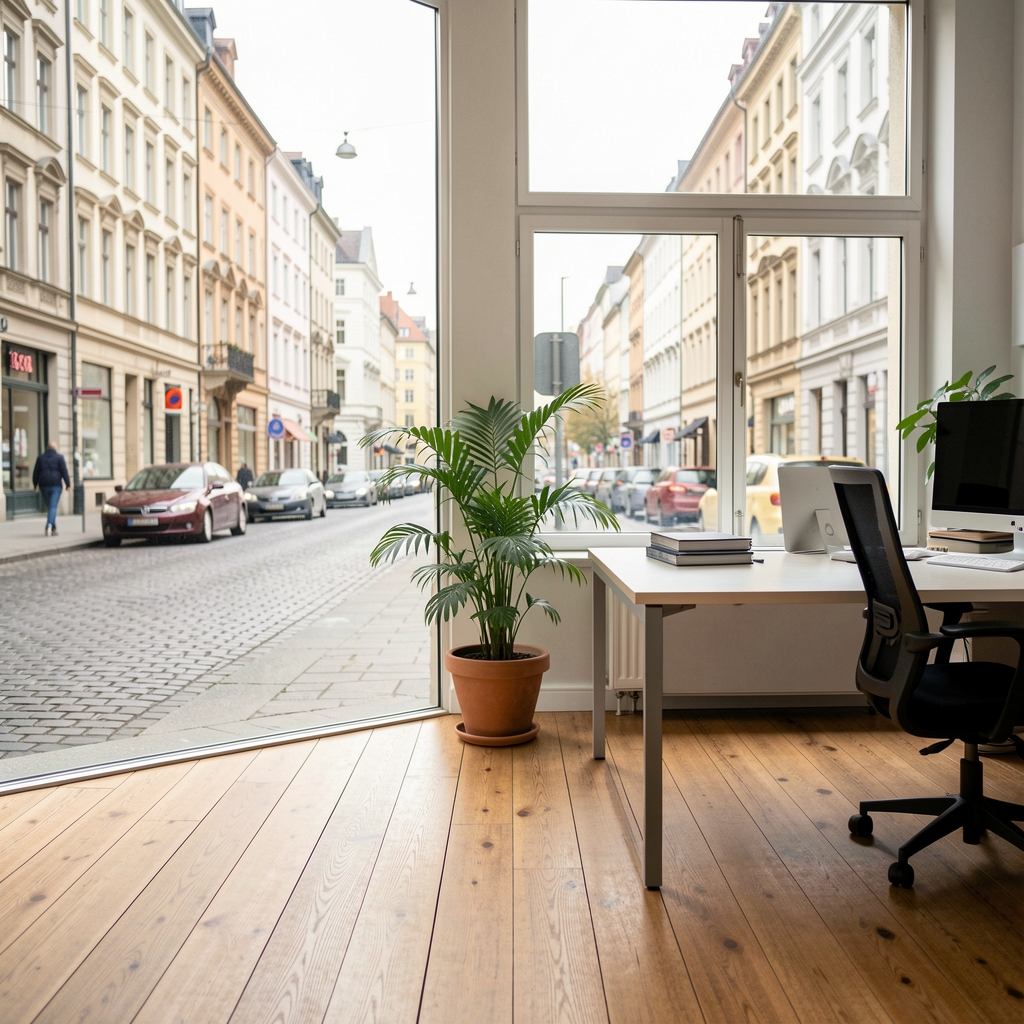 Schmale Fensterfront mit Blick auf eine Berliner Stadtstraße, Büropflanze und Holzboden, ruhige Arbeitsumgebung